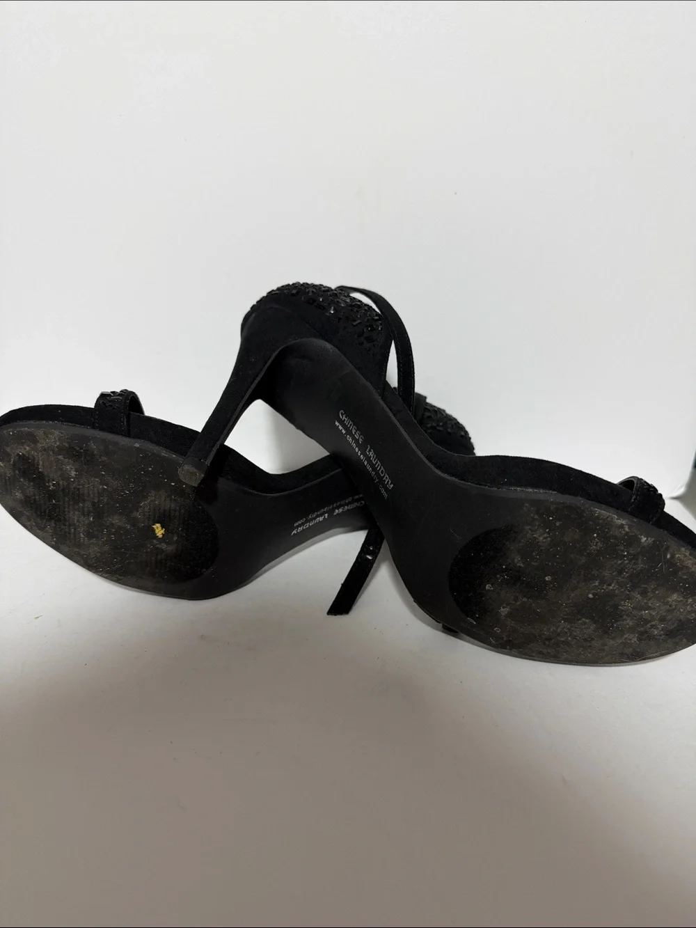 Chinese Laundry Black Suede Crystal-Embellished Ankle-Strap Heels